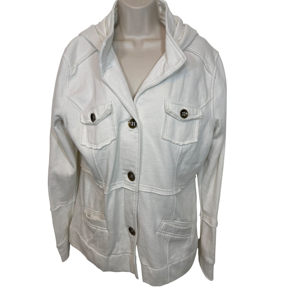 Mossimo Supply Co Womens XL Off White Utility Hooded‎ Fleece Jacket Button Front